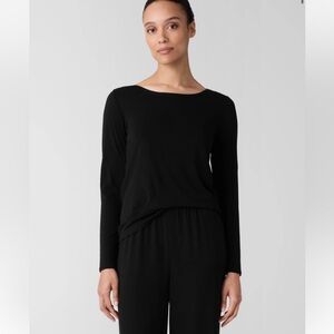 Eileen Fisher Black Long Sleeve Blouse Long Back Bamboo Stretch Womens Medium